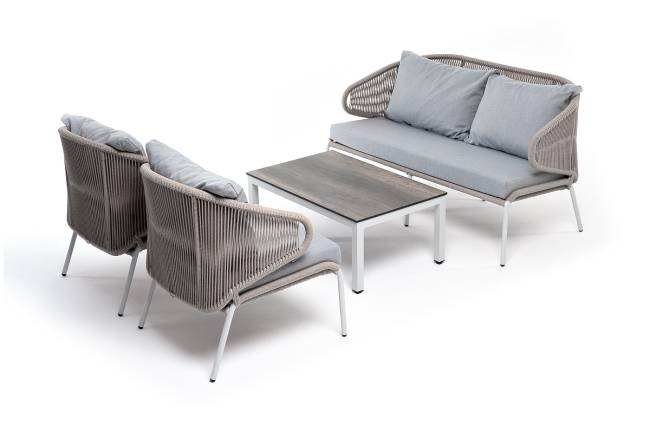 "Милан" лаунж-зона 4-местная плетеная из роупа (веревки), каркас алюминиевый белый, роуп бежевый