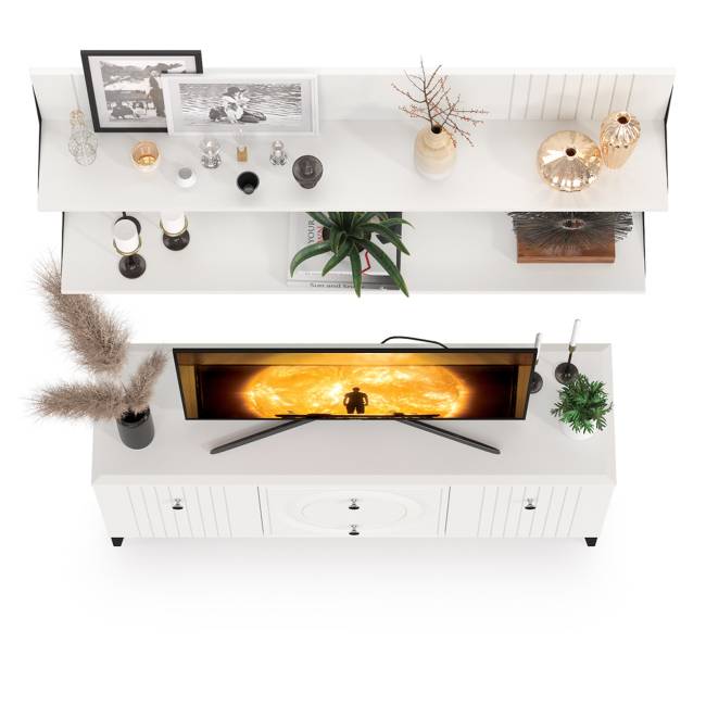 Тумба для ТВ с двумя навесными полкой Валенсия цвет белый шагрень
