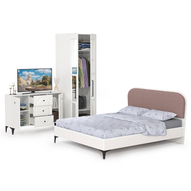 Двуспальная кровать 1600 с мягкой спинкой Валенсия с комодом и шкафом цвет белый шагрень/ткань велутто 19 Двуспальная кровать 1600 с мягкой спинкой Валенсия с комодом и шкафом цвет белый шагрень/ткань велутто 19