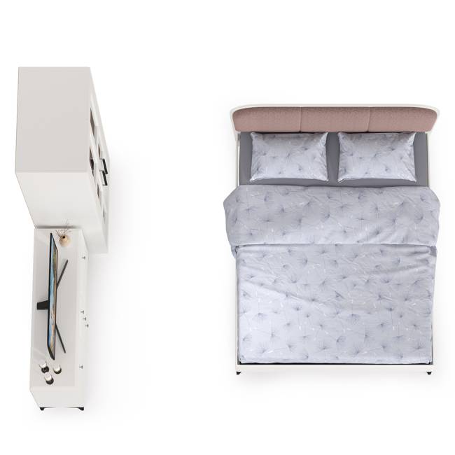 Двуспальная кровать 1600 с мягкой спинкой Валенсия с комодом и шкафом цвет белый шагрень/ткань велутто 19 Двуспальная кровать 1600 с мягкой спинкой Валенсия с комодом и шкафом цвет белый шагрень/ткань велутто 19